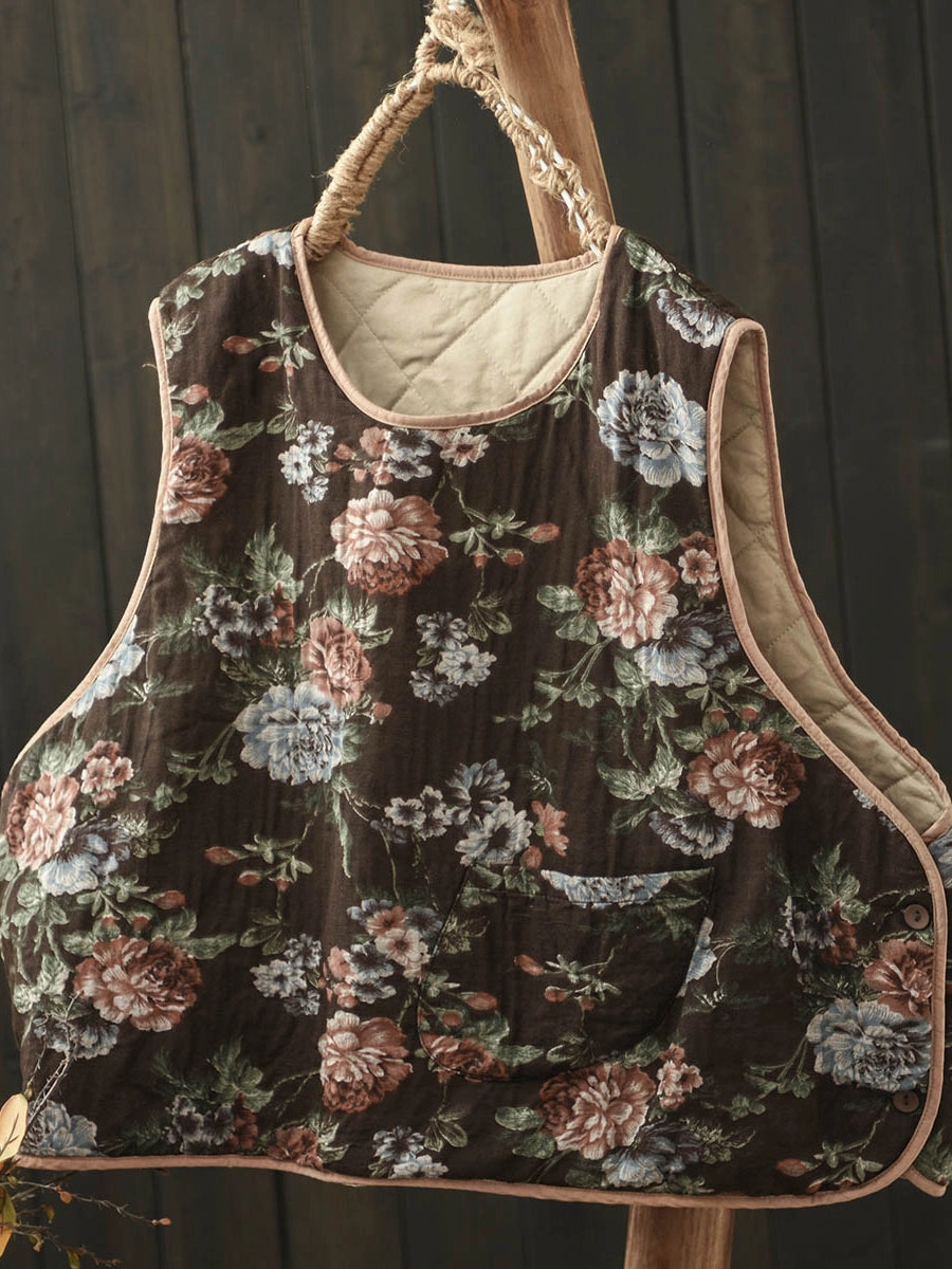 Babakud Women Winter Retro Printed Floral Cotton-Linen Quilted Vest Zippered Pockets