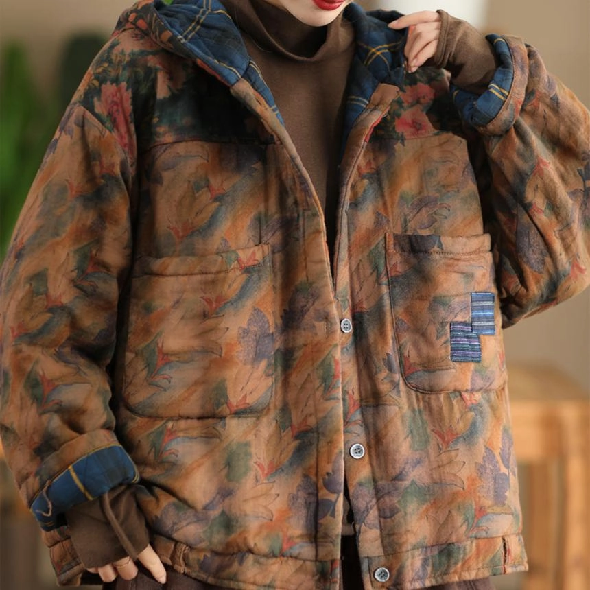 Babakud Women Winter Retro Printed Thickened Cotton Quilted Hooded Jacket Weather Ready Knee Length