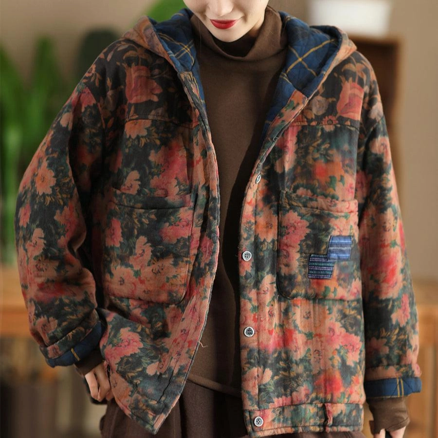 Babakud Women Winter Retro Printed Thickened Cotton Quilted Hooded Jacket Clean Outer