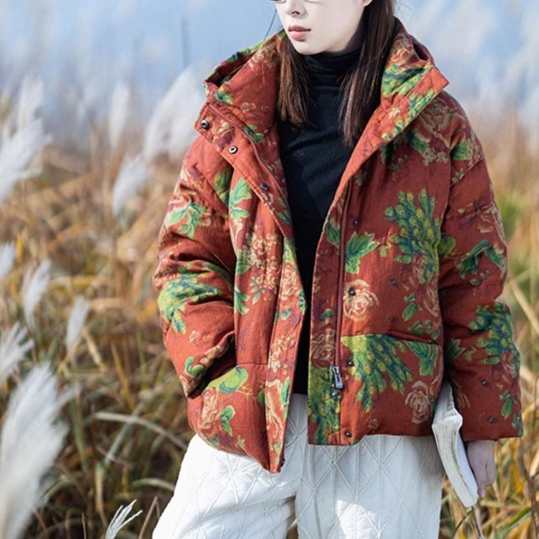 Babakud Women Winter Retro Red Linen Printed Warm Puffer Short Hooded Jacket All Year