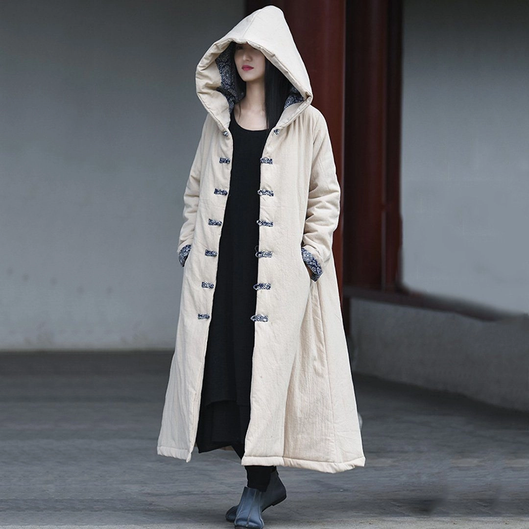 Babakud Women Winter Simple Cotton Linen Hooded Quilted Coat Long Sleeves Lightweight Design