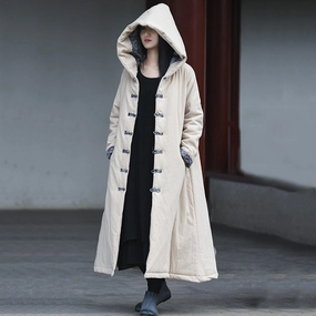 Babakud Women Winter Simple Cotton Linen Hooded Quilted Coat Long Sleeves Lightweight Design