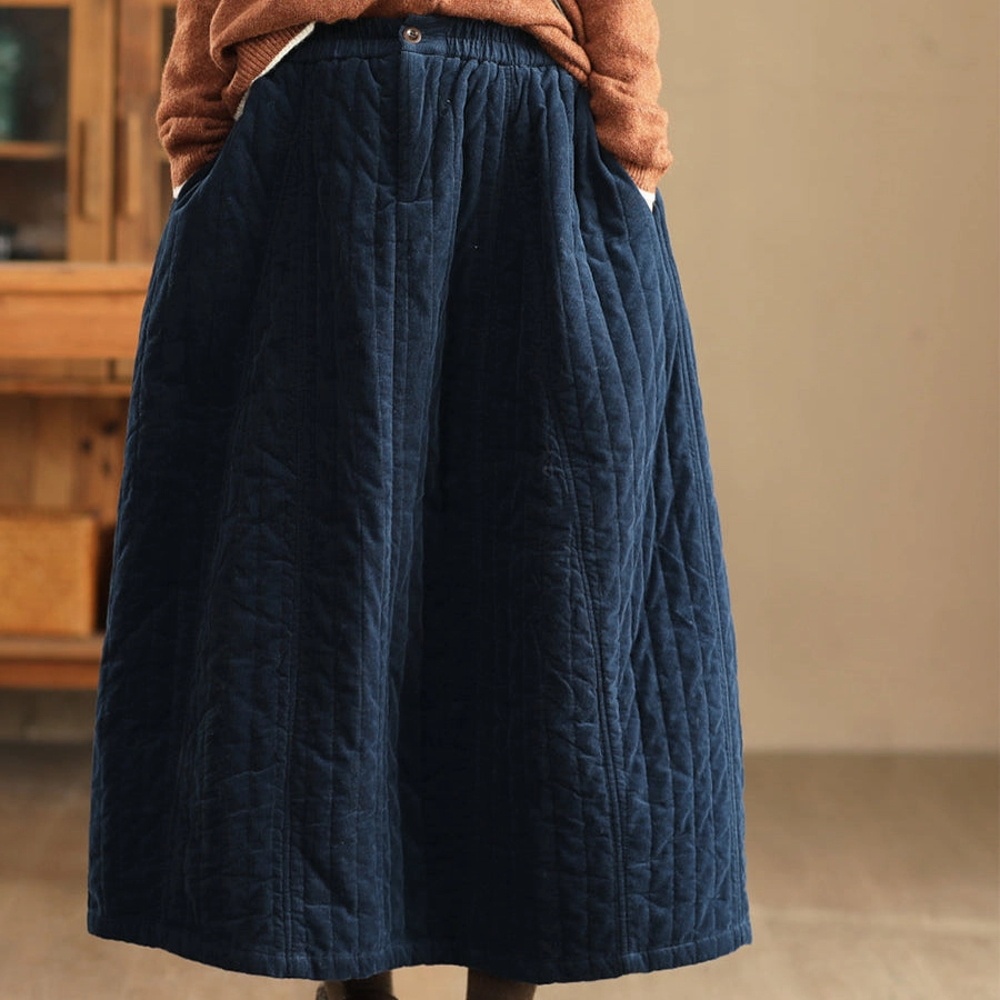 Breathable Texture Tag Free Babakud Women Winter Soft Cotton Corduroy Quilted A- Line Skirt