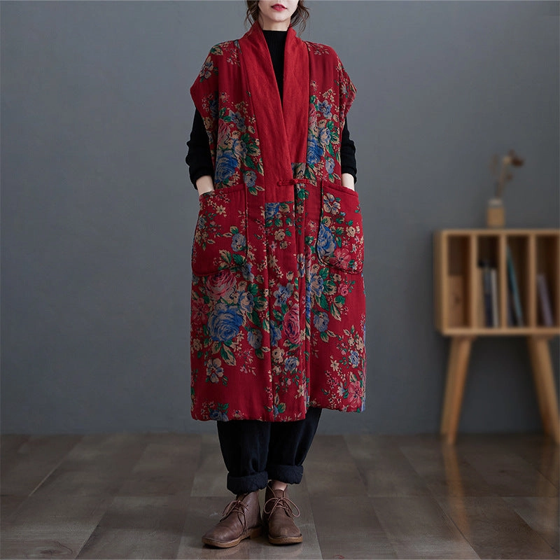 MultiPocketLayout Babakud Women Winter Traditional Cotton Linen Floral Quilted Coat