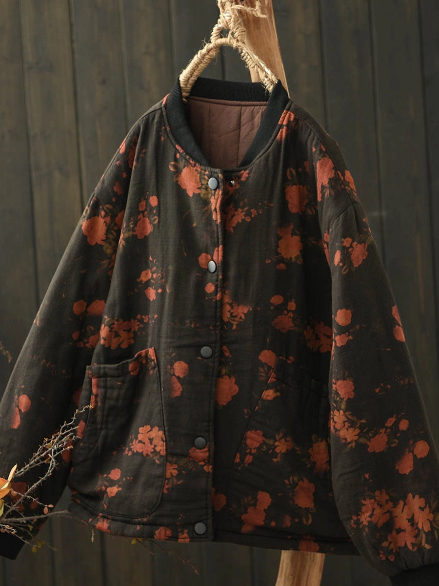 Reinforced Shoulder Padding Babakud Women Winter Vintage Floral Cotton Padded Quilted Bomber Jacket
