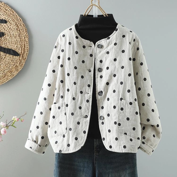 Practical Cold Piece Anti Pilling Surface Treatment Babakud Women Winter Vintage Loose Polka Dots Cotton Linen Jacket