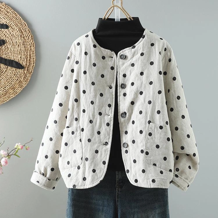Fringe Detail Temperature Regulating Babakud Women Winter Vintage Loose Polka Dots Cotton Linen Jacket