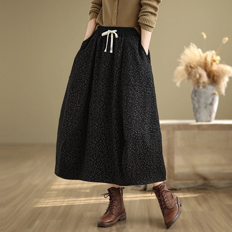 Babakud Women Winter Vintage Printed Floral Fleece-Lined Casual Skirt Thermal Balance Unhindered Movement