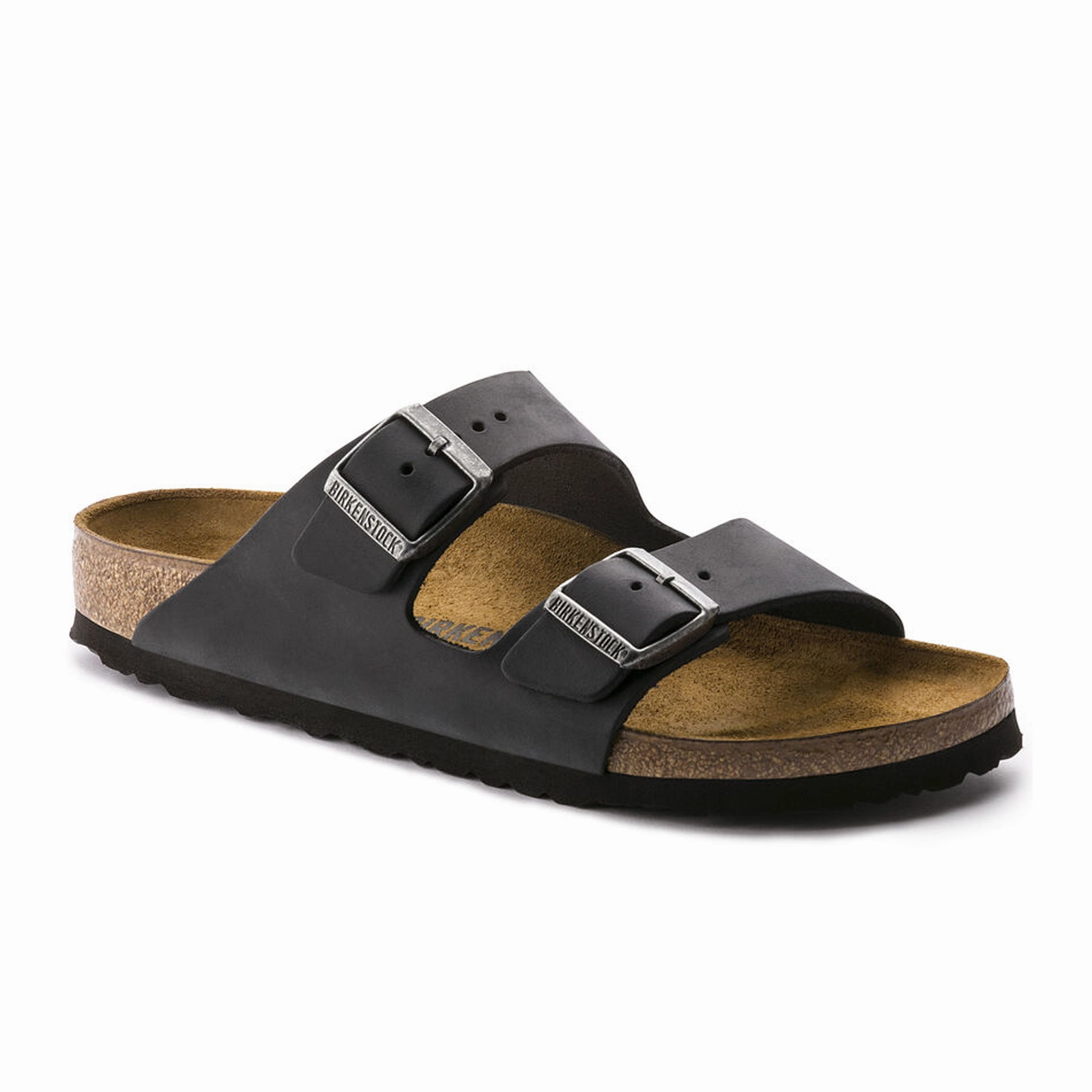Birkenstock Arizona Slide Sandal (Unisex) - Black Oiled Leather Flexible Groove Flexure Shiny look