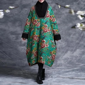 Eco Friendly Dye Process Babakud Women Winter Ethnic Flower Cotton Long Coat