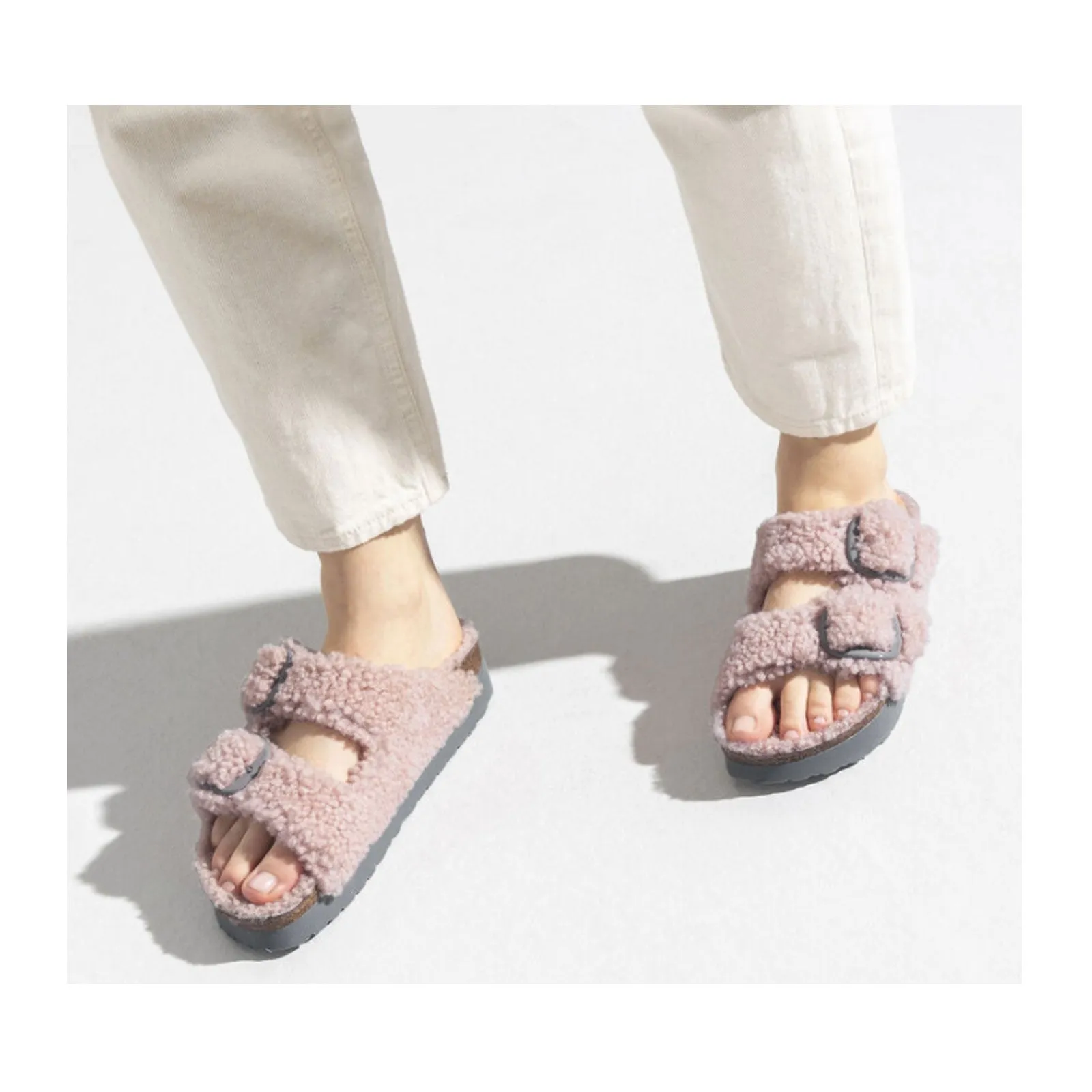 Birkenstock Arizona Big Buckle Slide Sandal (Women) - Teddy Crystal Rose Shearling Clean Cut