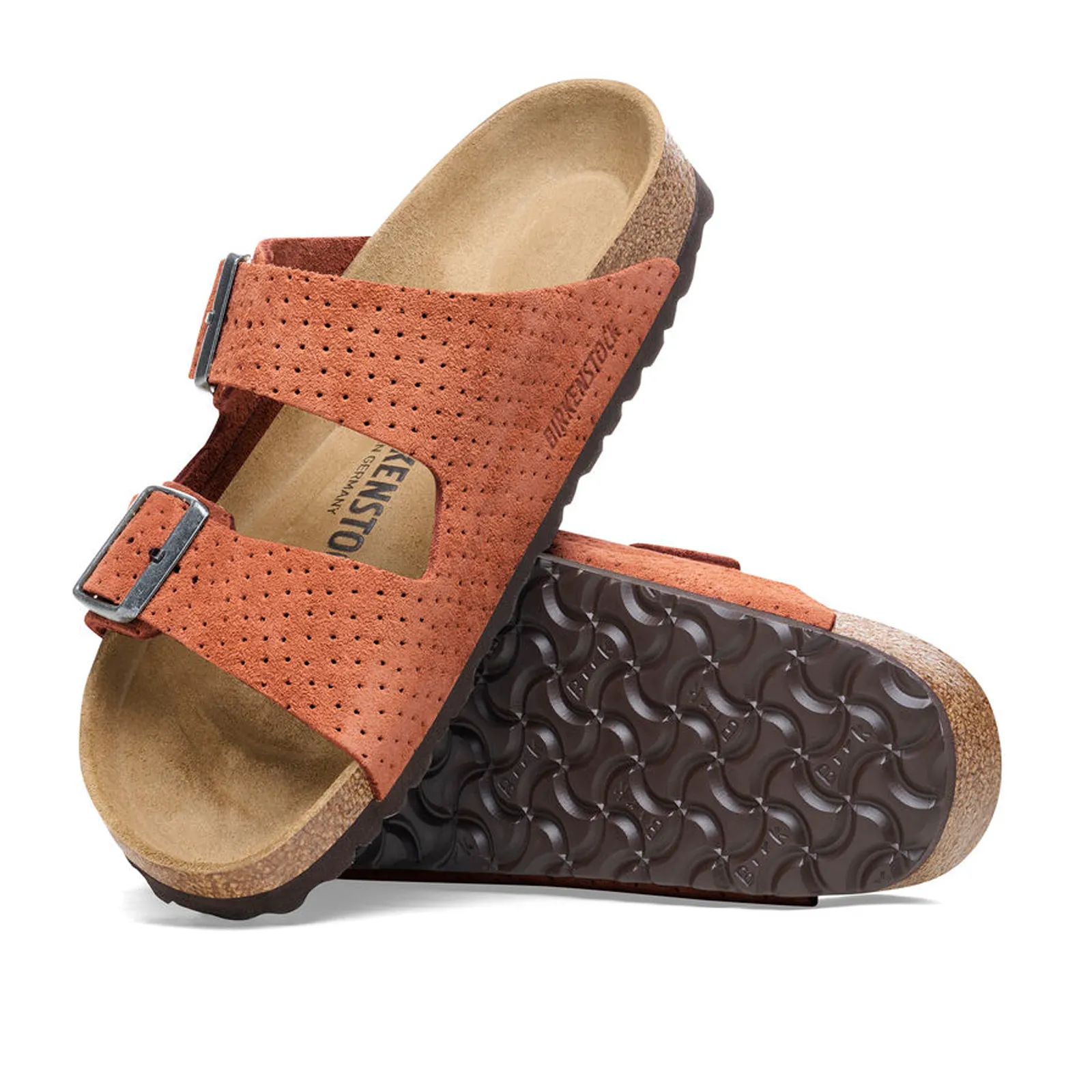 Birkenstock Arizona Narrow Slide Sandal (Women) - Dotted Burnt Orange Suede Soft Leather Lining