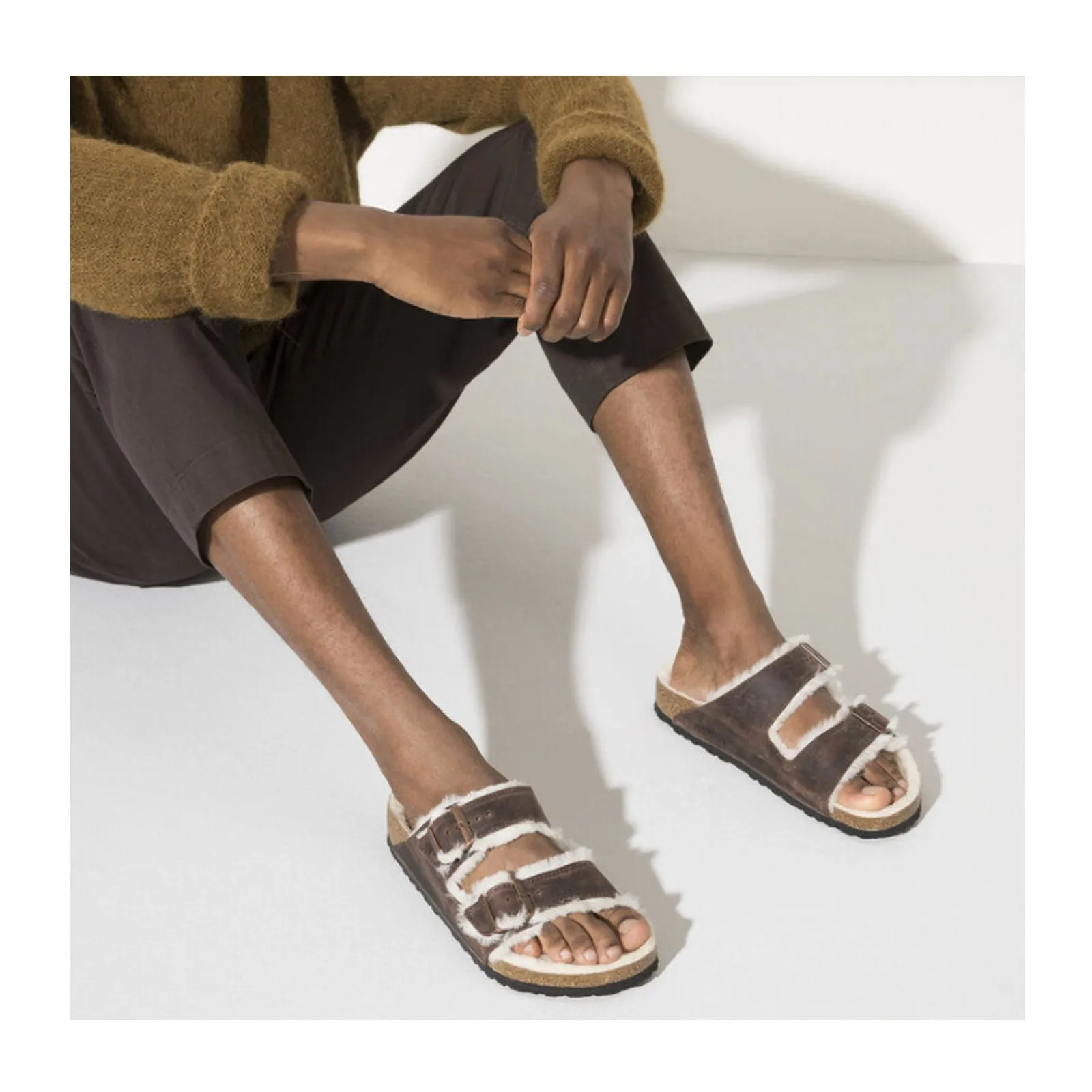 Birkenstock Arizona Slide Sandal (Women) - Habana Oiled Leather/Natural Shearling Refined Line Line Pace