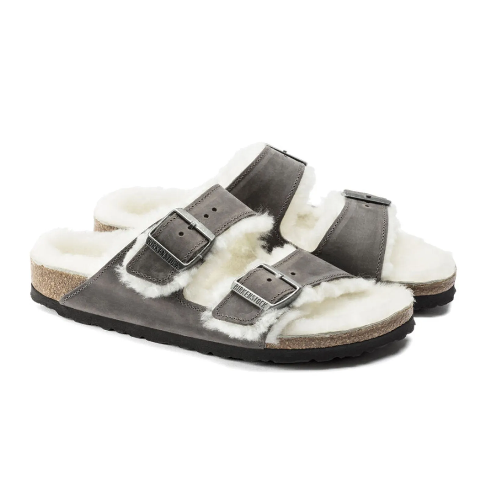 Birkenstock Arizona Slide Sandal (Women) - Iron Nubuck/Natural Shearling Business Ready