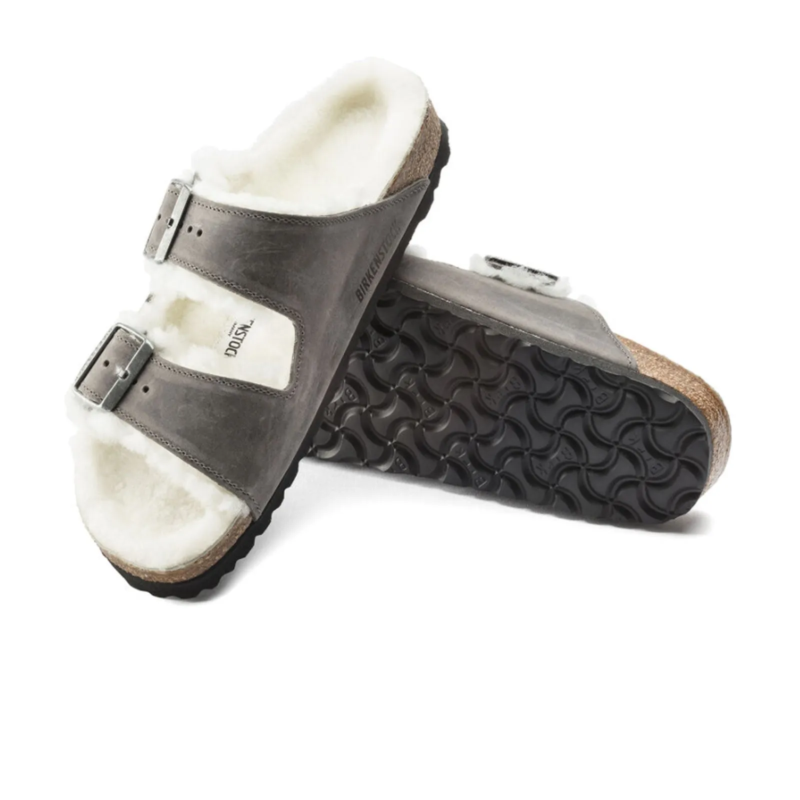 Birkenstock Arizona Slide Sandal (Women) - Iron Nubuck/Natural Shearling Everyday Basics Clean Edge
