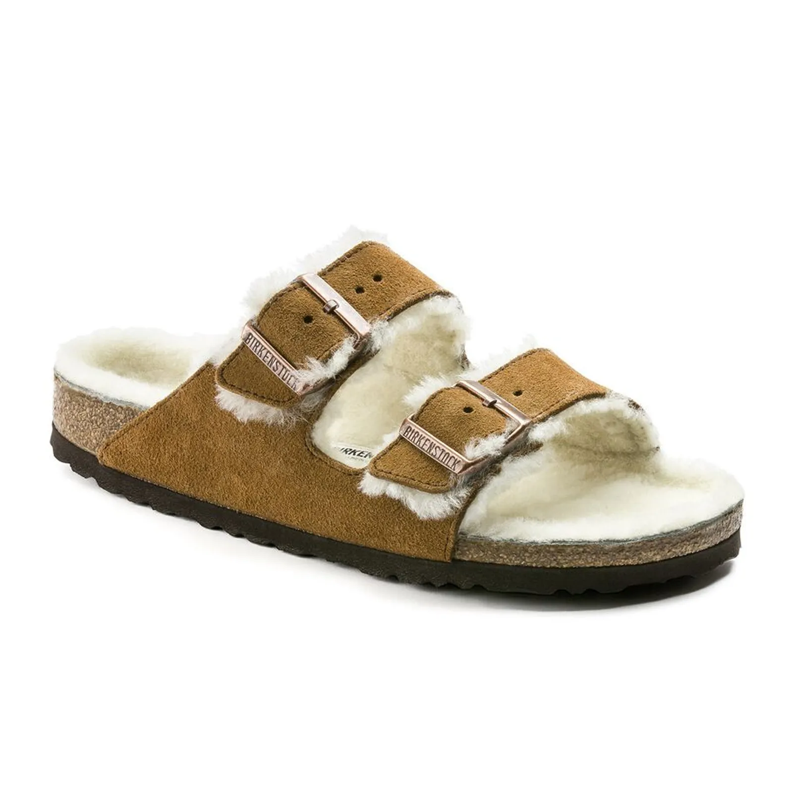 Retro Edge Birkenstock Arizona Slide Sandal (Women) - Mink Suede/Natural Shearling