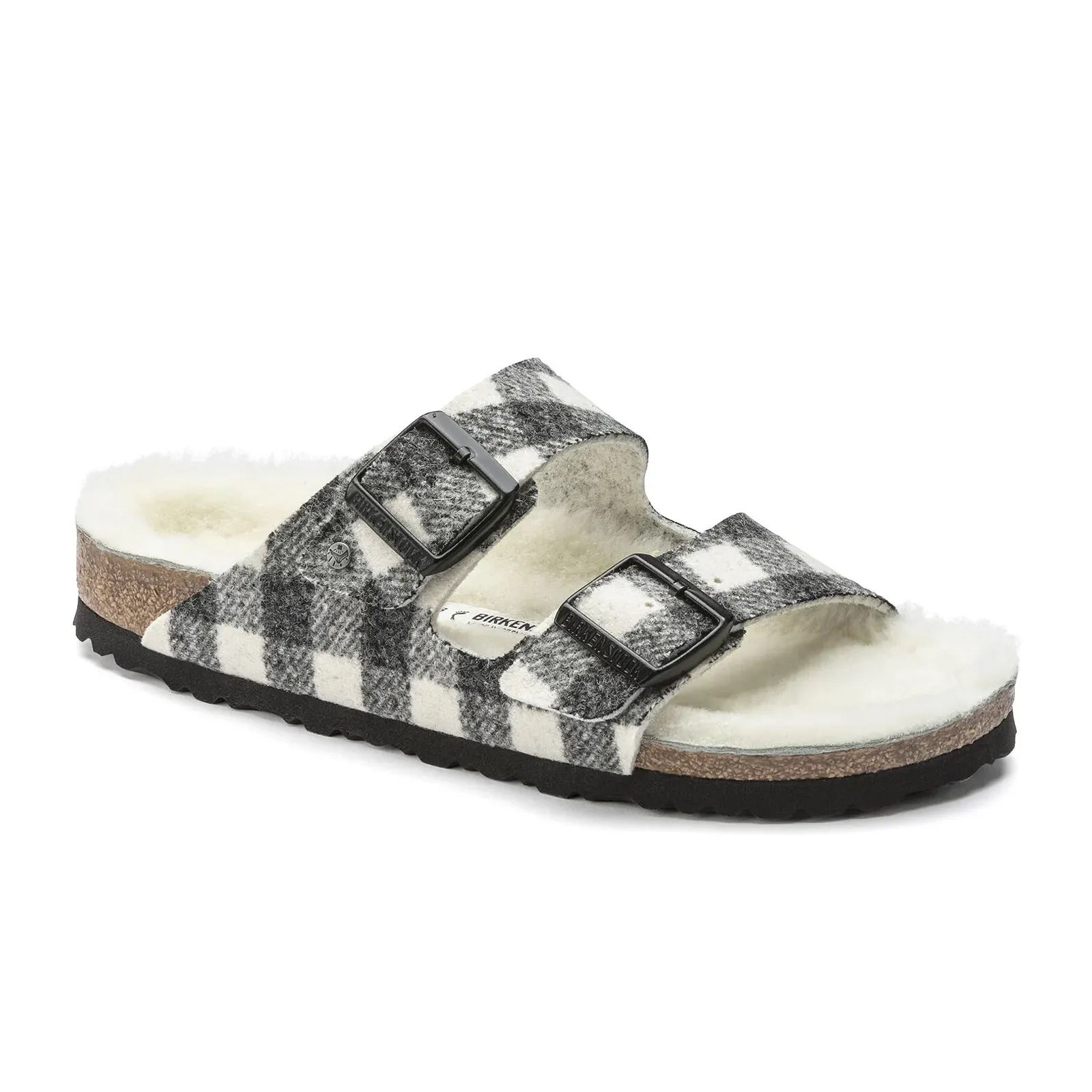 Birkenstock Arizona Slide Sandal (Women) - Plaid White Wool/Natural Shearling Lightweight Sole Structure