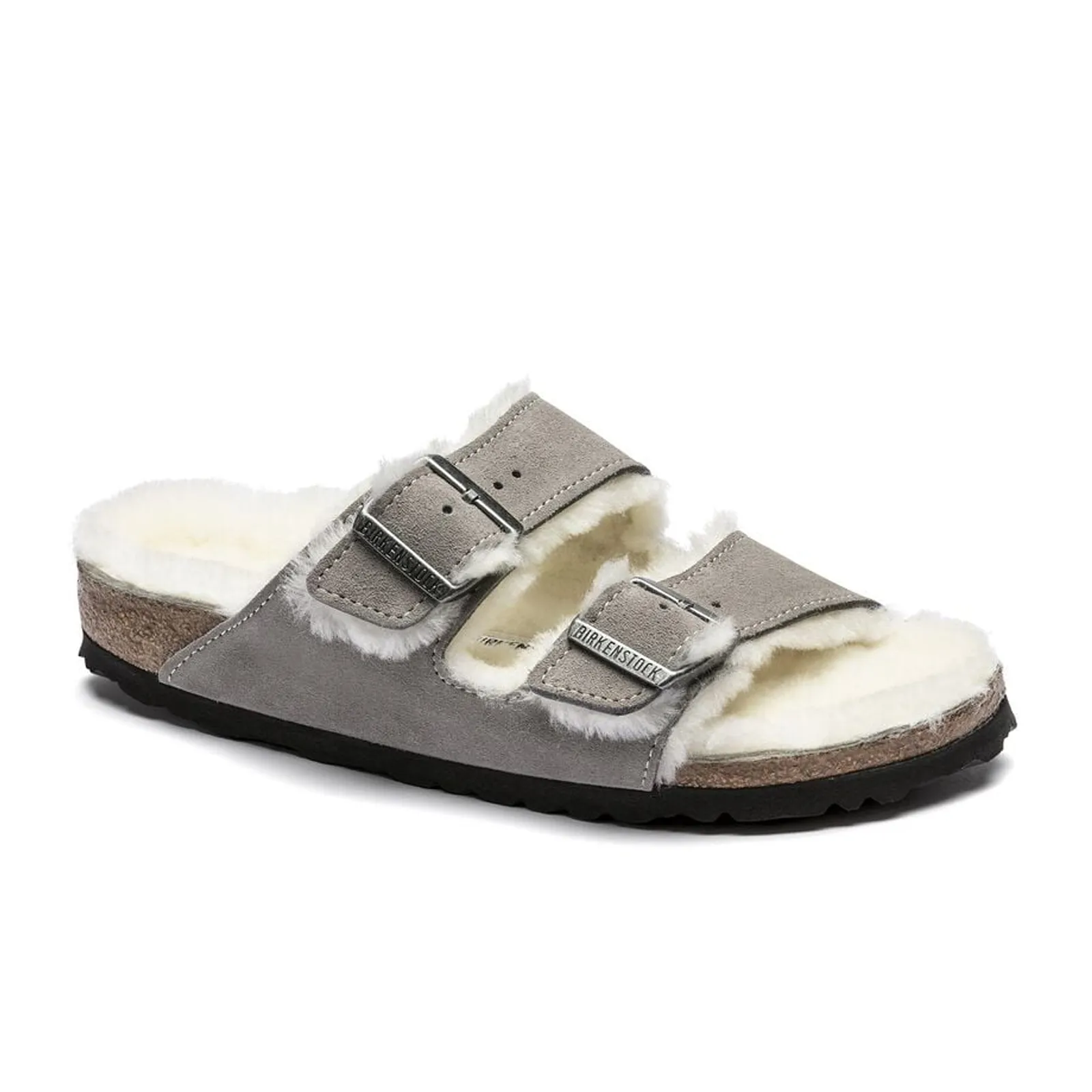 Detail Shade Birkenstock Arizona Slide Sandal (Women) - Stone Coin Suede/Natural Shearling