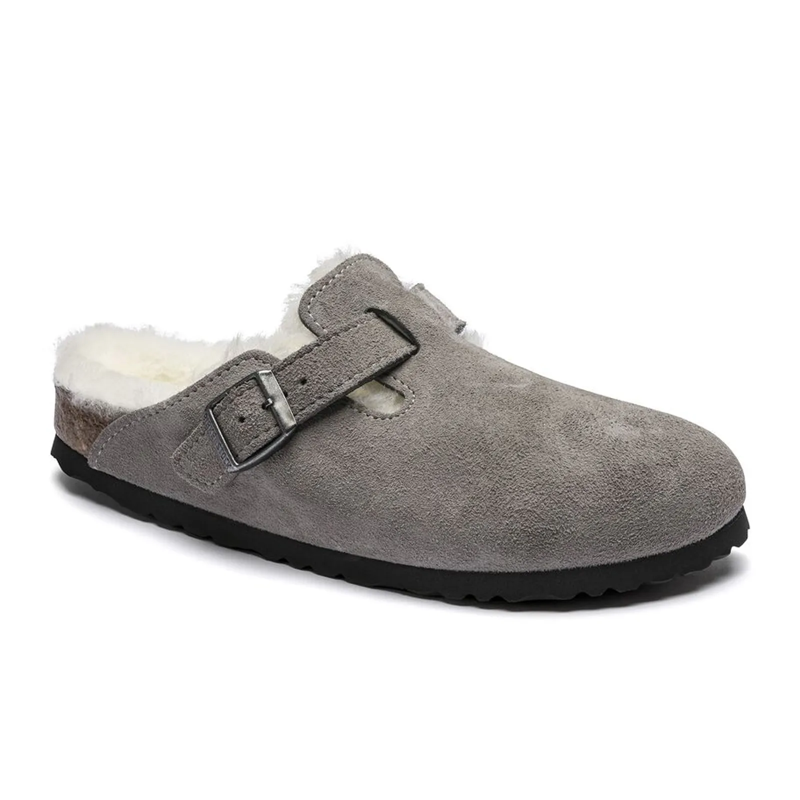 Birkenstock Boston Narrow Clog (Women) - Stone Coin Suede/Natural Shearling Quick Wipe