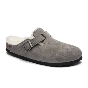 Birkenstock Boston Narrow Clog (Women) - Stone Coin Suede/Natural Shearling Quick Wipe