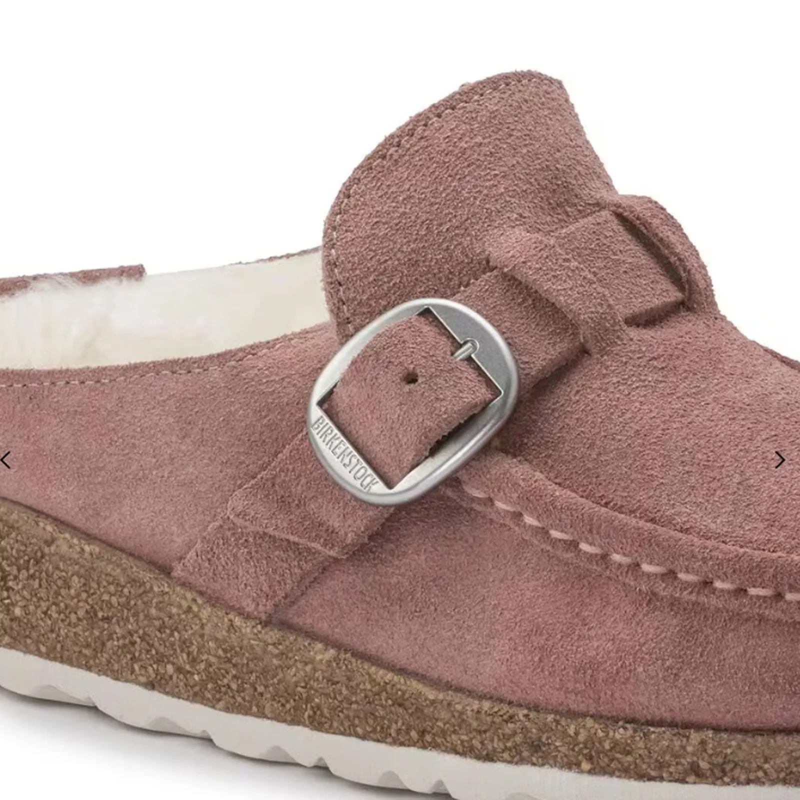 Birkenstock Buckley Narrow Clog (Women) - Pink Clay Suede/Natural Shearling Textured Tread Pattern