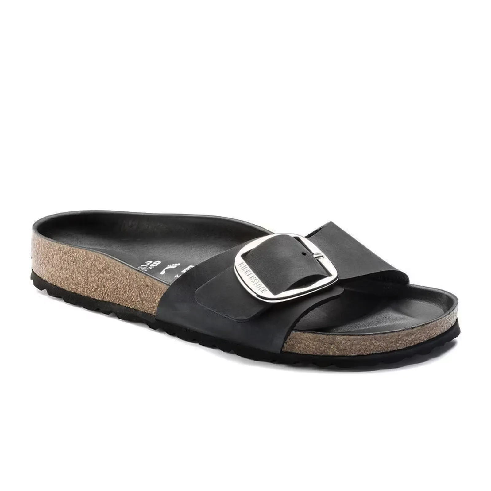 Birkenstock Madrid Big Buckle Narrow Slide Sandal (Women) - Black Leather Rubber Heel Absorber