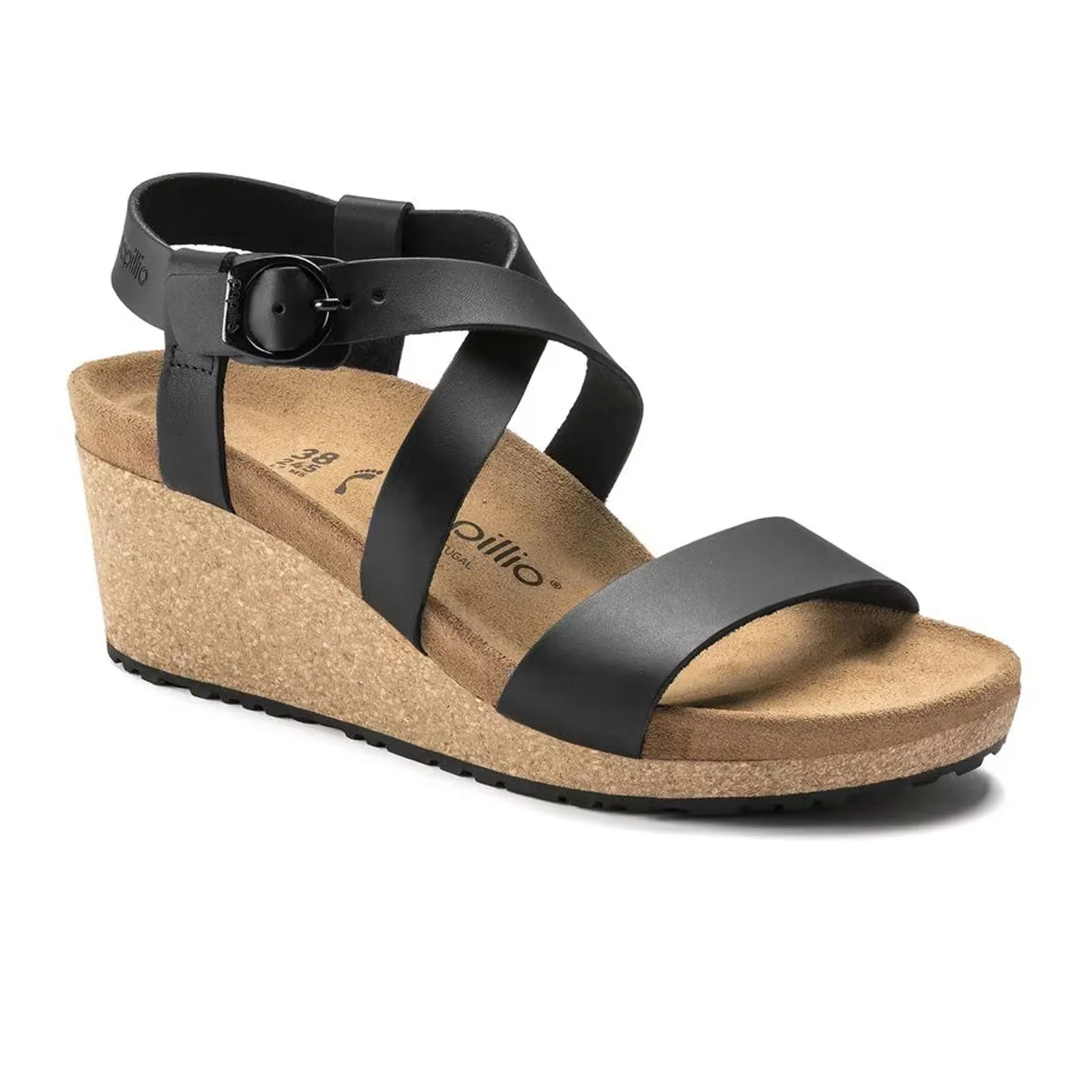 Subtle Shape Top Edge Birkenstock Sibyl Ring-Buckle Narrow Wedge Sandal (Women) - Black