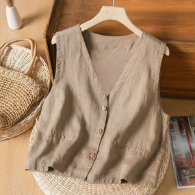 Thermal Insulation Mild Day Outfit Summer Vintage Linen Casual Loose V-Neck Vest Top