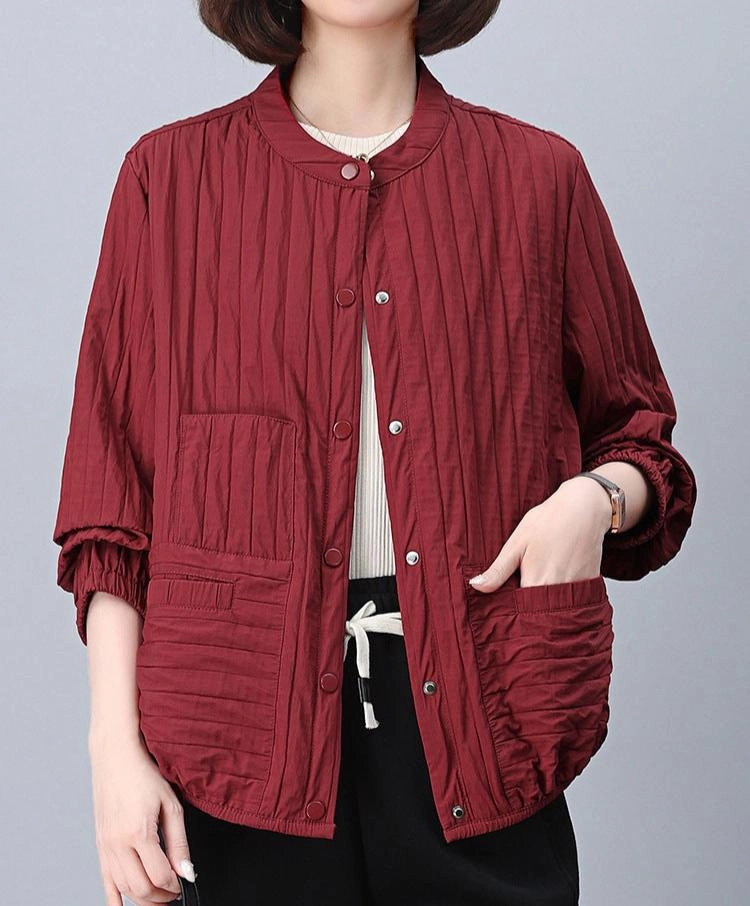 Plaid Design Heat Sealed Zippers Women Elegant Casual Pleated Jackets