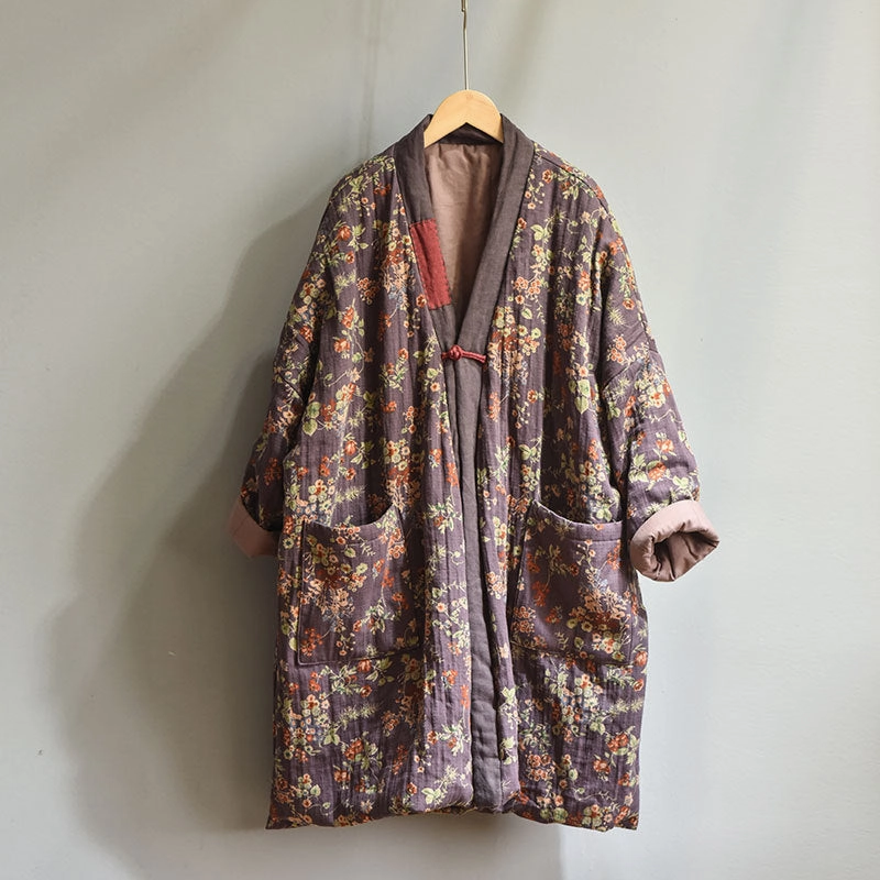 Women Mid- Length Distressed Printed Cotton Coats simple design