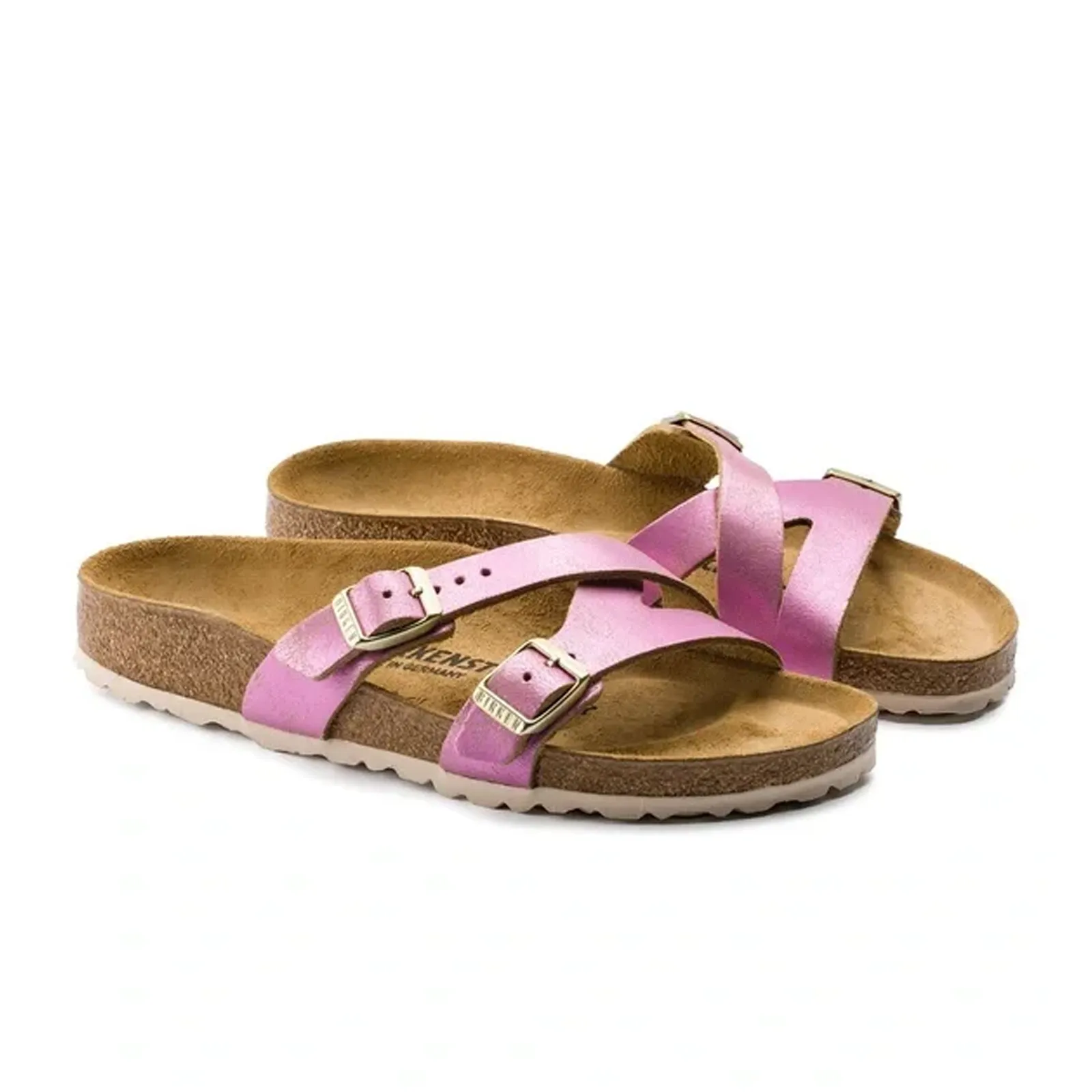 Birkenstock Yao Narrow Slide Sandal (Women) - Washed Metallic Pink Suede Sleek Vibe Modern Footwear