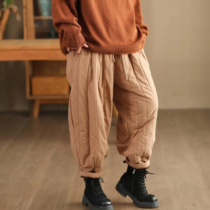 Babakud Women Winter Retro Classic Solid Colors Quilted Thickened Cotton Pants Gentle Waist Non-restrictive