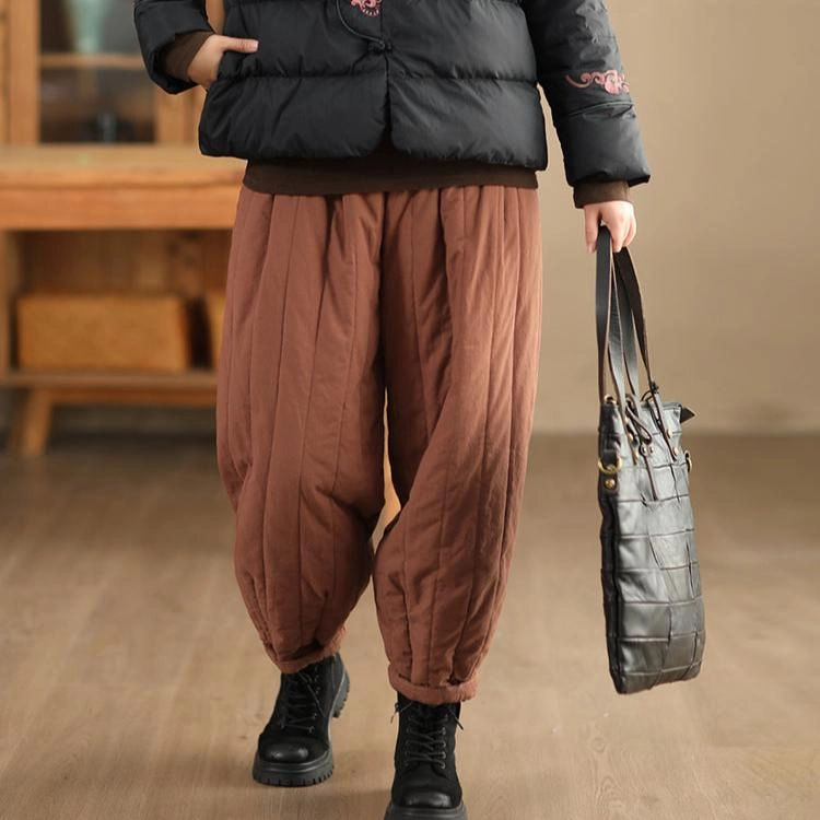 Babakud Women Winter Retro Classic Solid Colors Quilted Thickened Cotton Pants Non-Binding