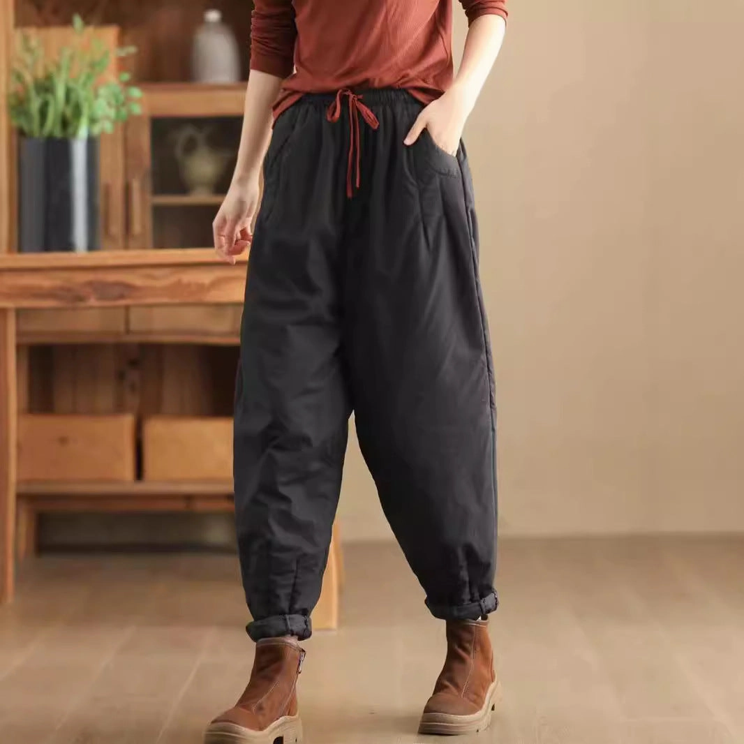 No Wrinkles Babakud Women Winter Retro Plain Cotton Quilted Casual Pants