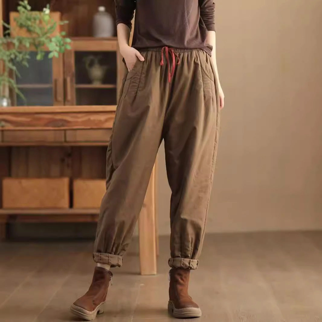 Babakud Women Winter Retro Plain Cotton Quilted Casual Pants No Tightness Snag Proof