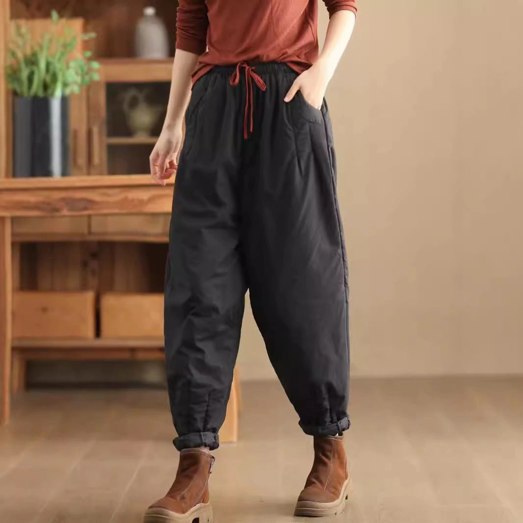 Easy Maintenance Wrinkle Proof Babakud Women Winter Retro Plain Cotton Quilted Casual Pants