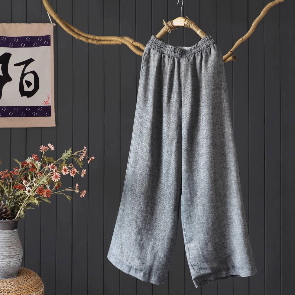 Breathable Design Autumn Linen Double-Layer Fabric Elastic Waist Pants
