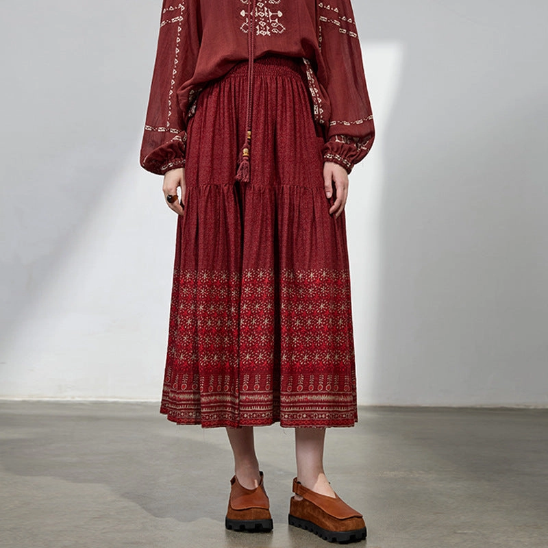 Durable Seams Summer Women Retro Cotton Loose Printed A-Line Skirts