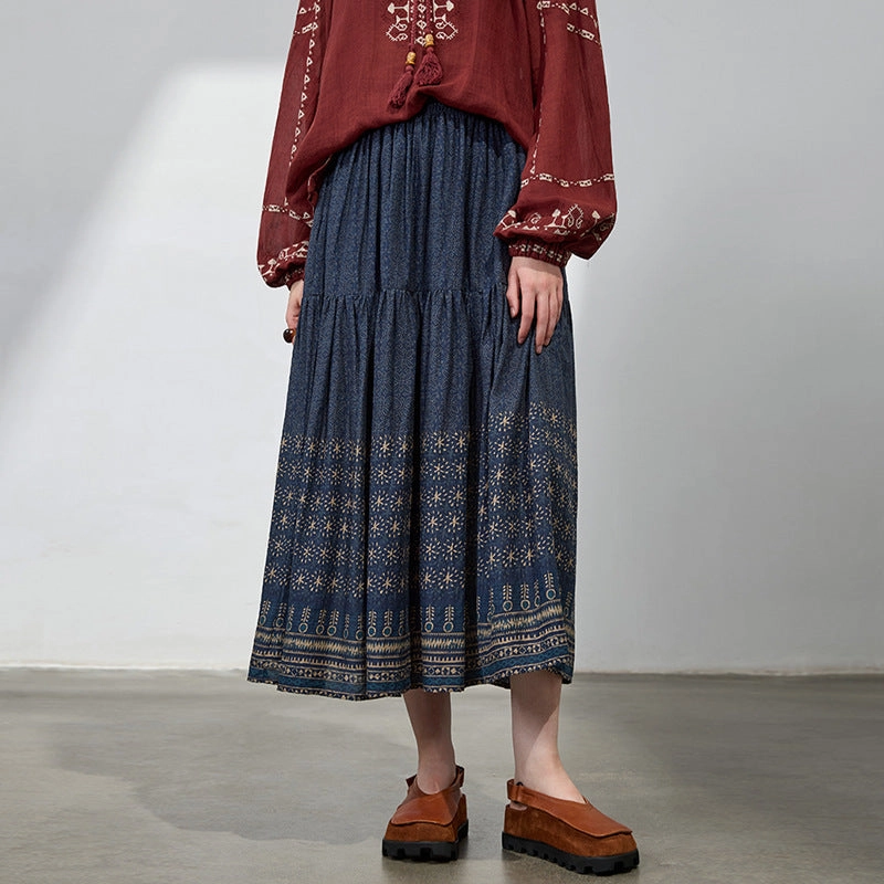 Size Stable Breathable Design Summer Women Retro Cotton Loose Printed A-Line Skirts