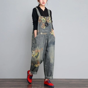 Shape Holding Women Loose Retro Printed Denim Jumpsuits
