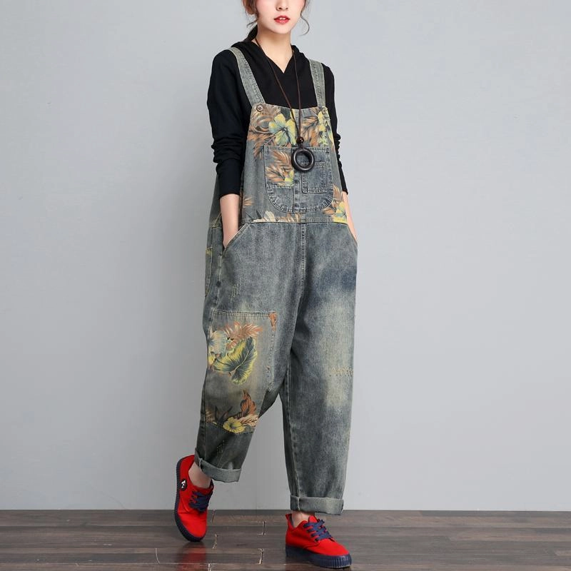 Shape Holding Women Loose Retro Printed Denim Jumpsuits