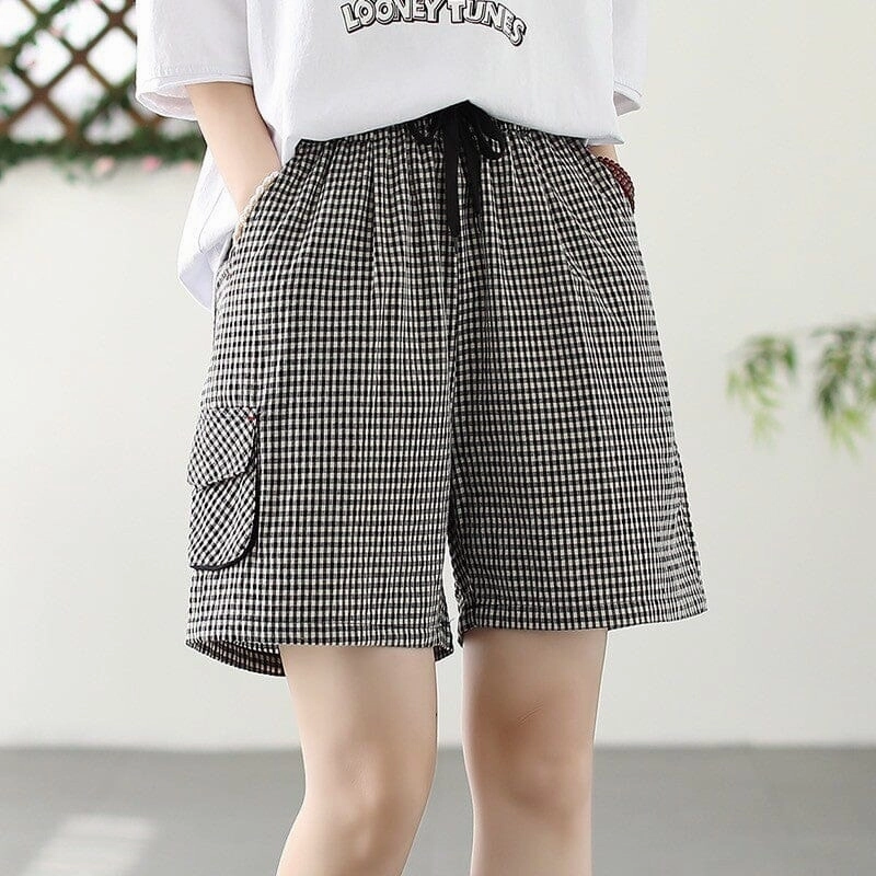 anti-odor Women Summer Loose Plaid Cotton Loose Shorts