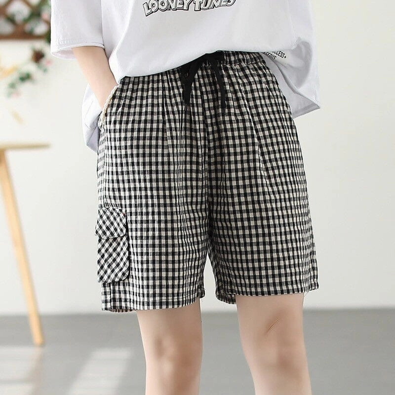 quick dry Women Summer Loose Plaid Cotton Loose Shorts