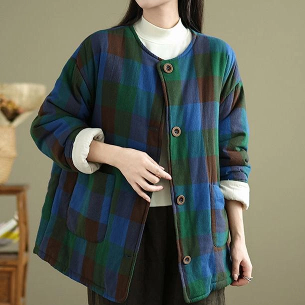 FlexFoldPackaging Babakud Women Winter Vintage Loose Fit Plus Size Plaid Quilted Cotton Jacket