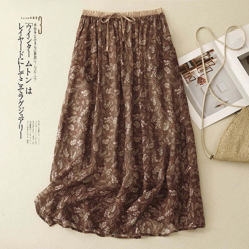 Summer Vintage Ramie Printed Elastic Waist A-Line Lace-Up Skirt Sweat Control