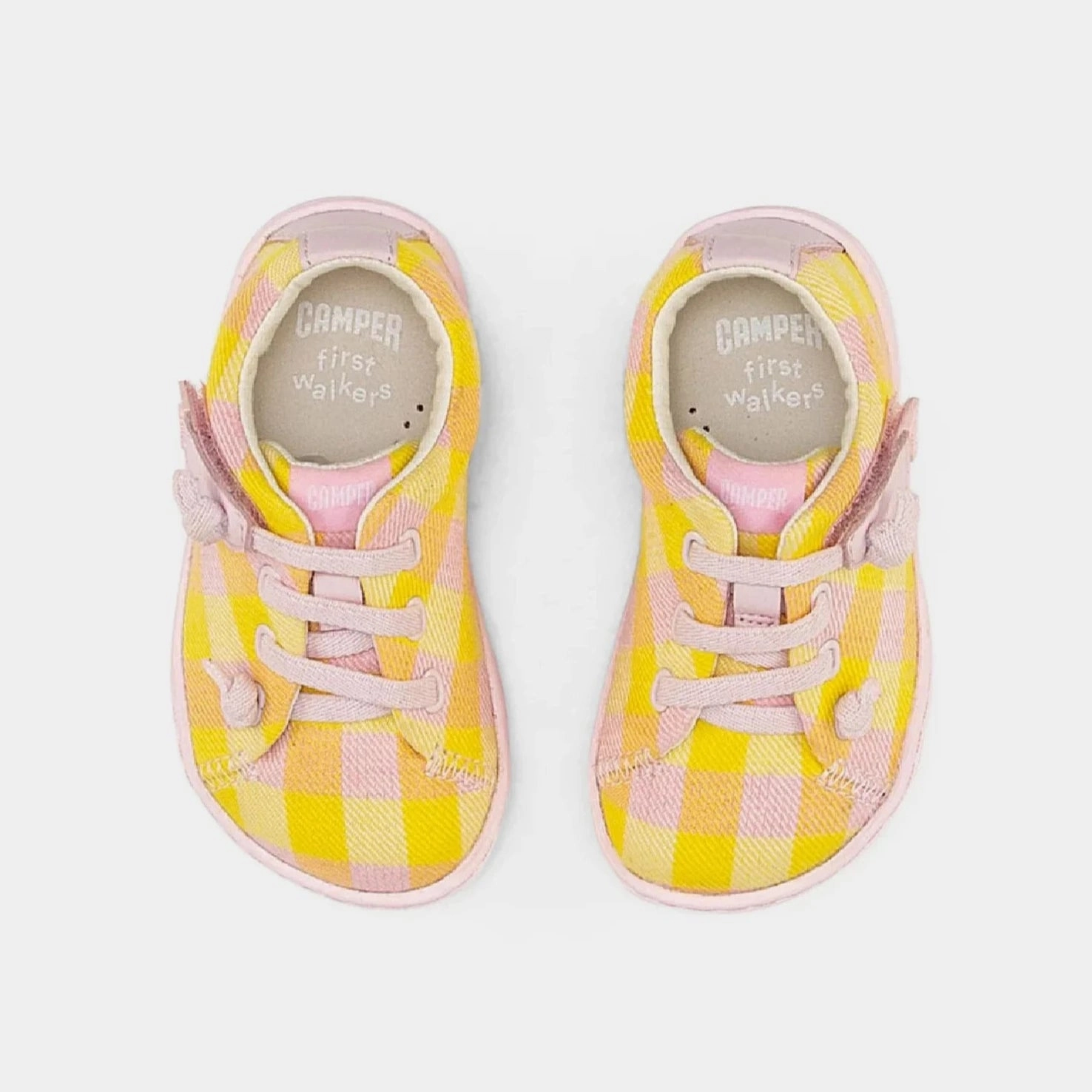 Camper Kids Baby PEU Yellow / Pink Plaid Leather Sneakers Shoes Slip On Design