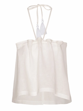 FlexibleSole Noise Reduced Zipper Caricia Eterna Pleated Linen Halter Top in Off White