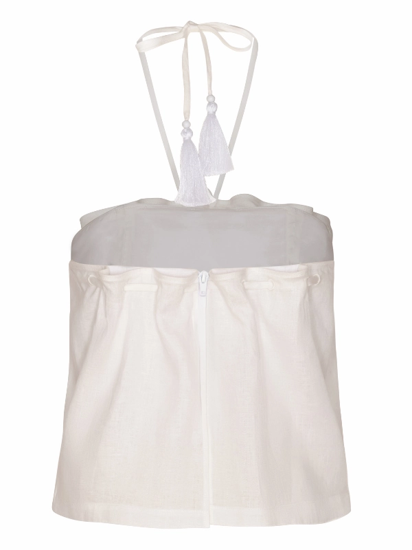 Caricia Eterna Pleated Linen Halter Top in Off White Layered Panel Construction