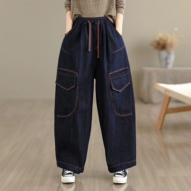 Casual Denim Embroidered Elastic Waist Lace-Up Harem Jeans Abrasion Proof
