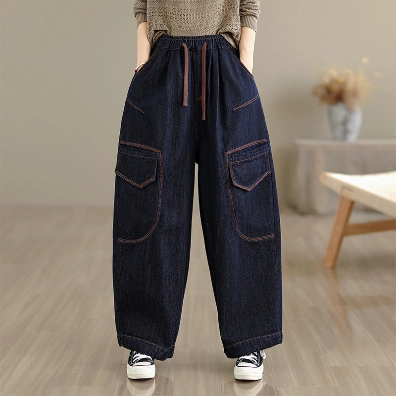 Abrasion resistant Smooth Feel Casual Denim Embroidered Elastic Waist Lace-Up Harem Jeans
